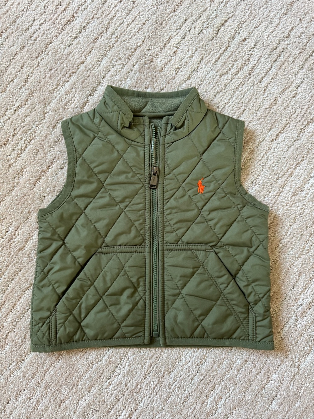 Ralph Lauren Kids Olive Quilted Vest with Orange Logo